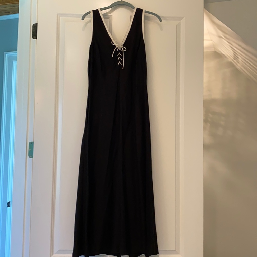 Black linen sundress, white trim & lace-up bodice